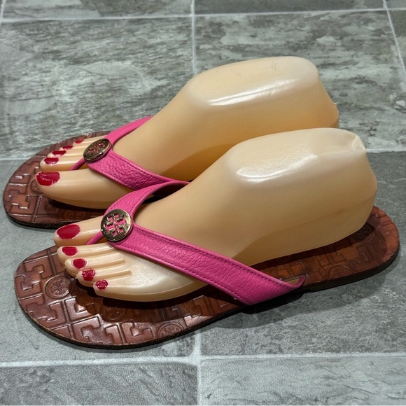 Tory Burch Leather Thong Sandals Size 10 THORA Tumbled Hibiscus Pink - Picture 4 of 11